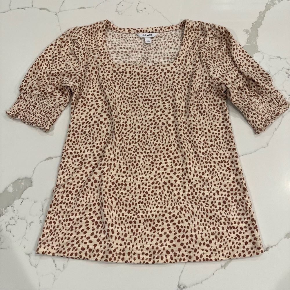 Nine West Brown Animal Print Smocked Puff Short Sleeves Blouse Top Career M